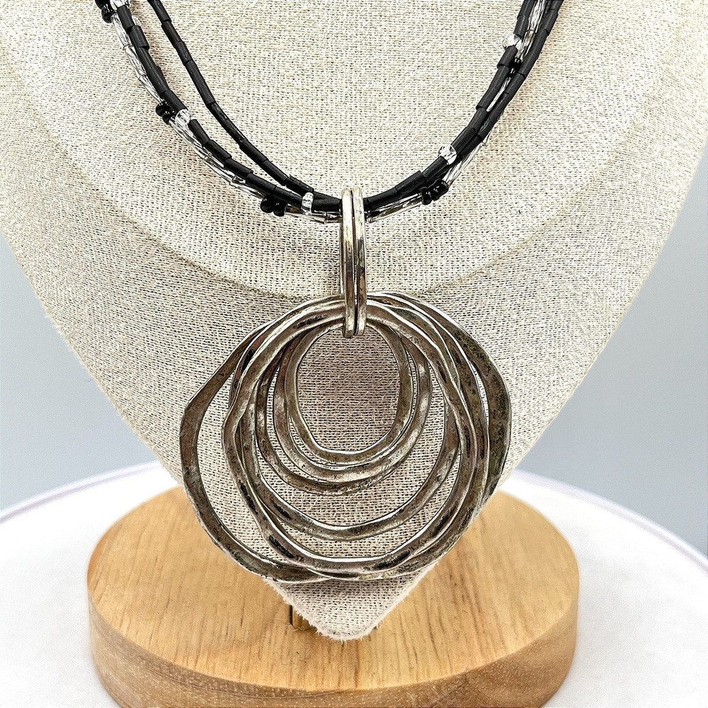 Vintage Laura Ashley Multi-Strand Seed‎ Bead Necklace Hammered Silver Tone Rings
